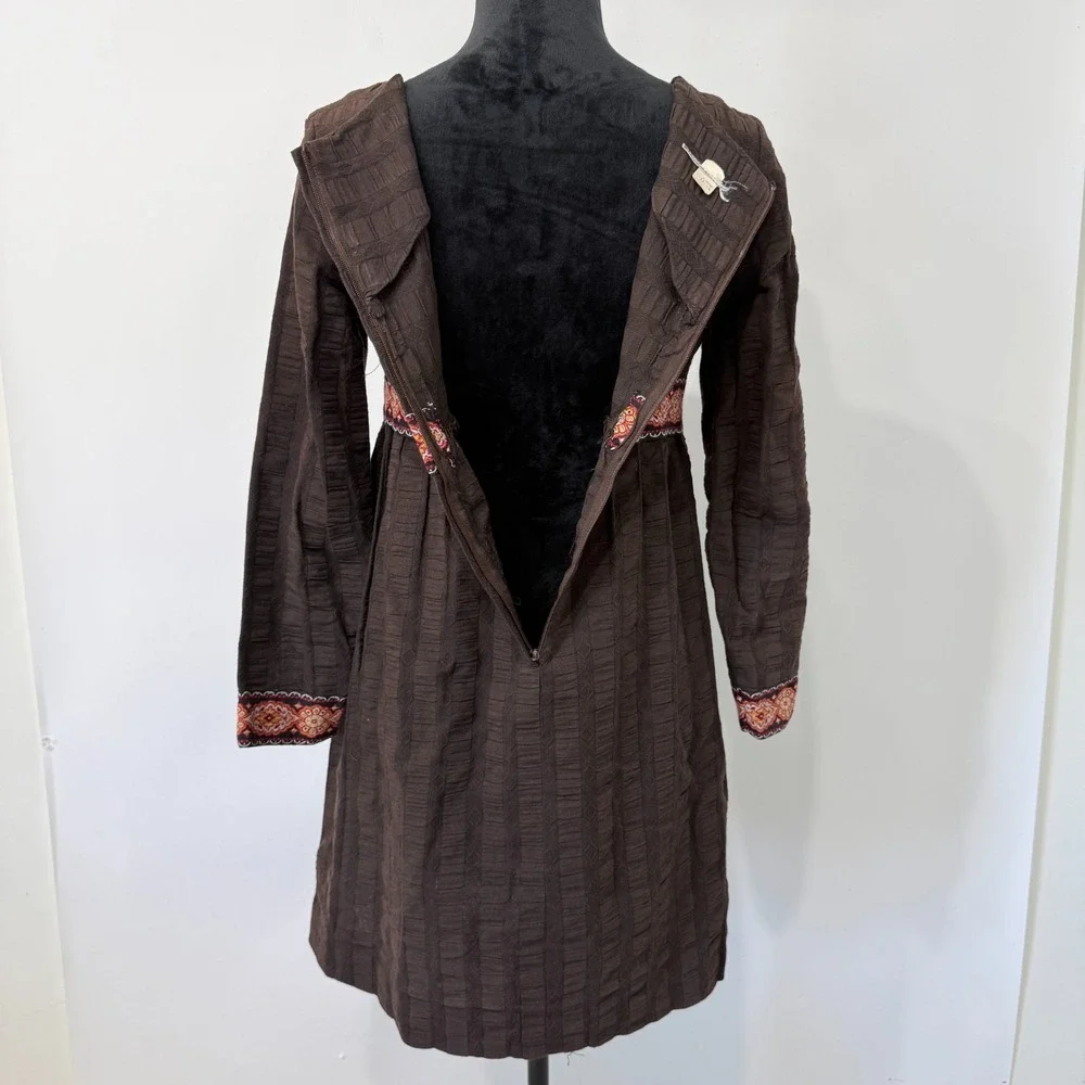 Vintage Brown Textured Long‎ Sleeve Dress Girls Size 11/12 Cotton Folk Earthy